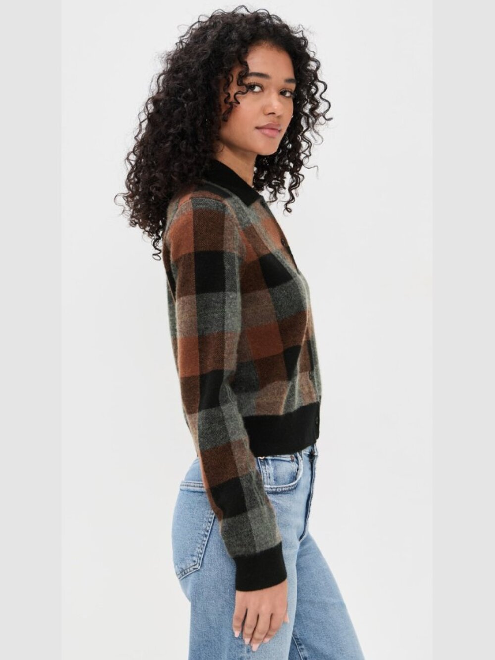 Vince Checked Plaid Cashmere Polo Cardigan Cacao Brown Black Button Front - Picture 3 of 6
